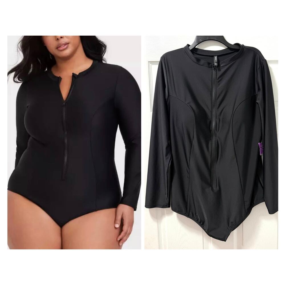 Torrid Plus Size 3 Black Long‎ Sleeve One Piece Rash Guard Zip Front Swimsuit 3X
